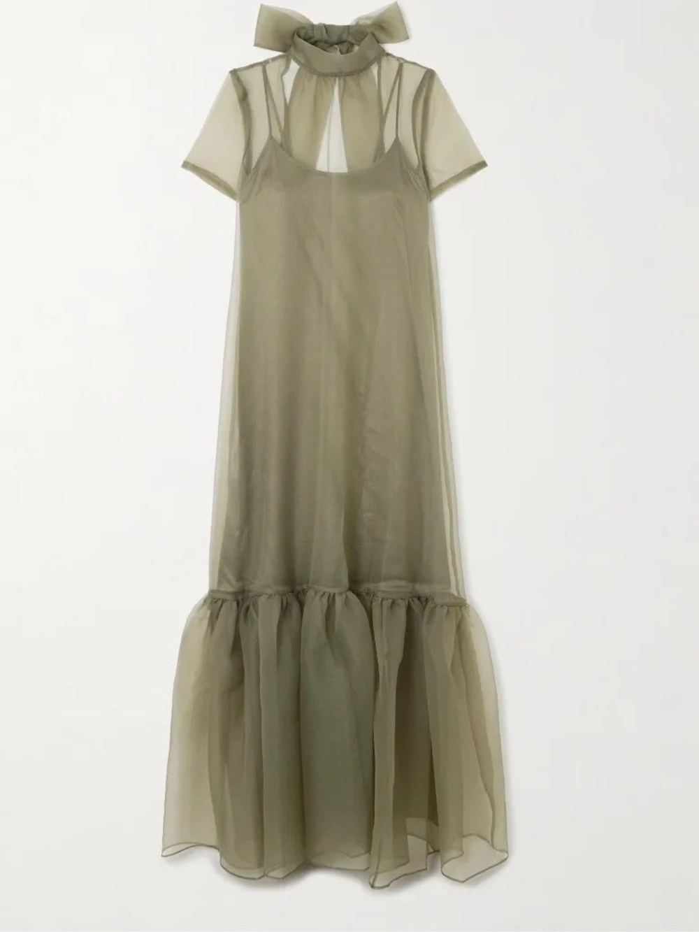 STAUD Calluna Dress, Thyme, Olive Sheer Bow-Neck Maxi Dress